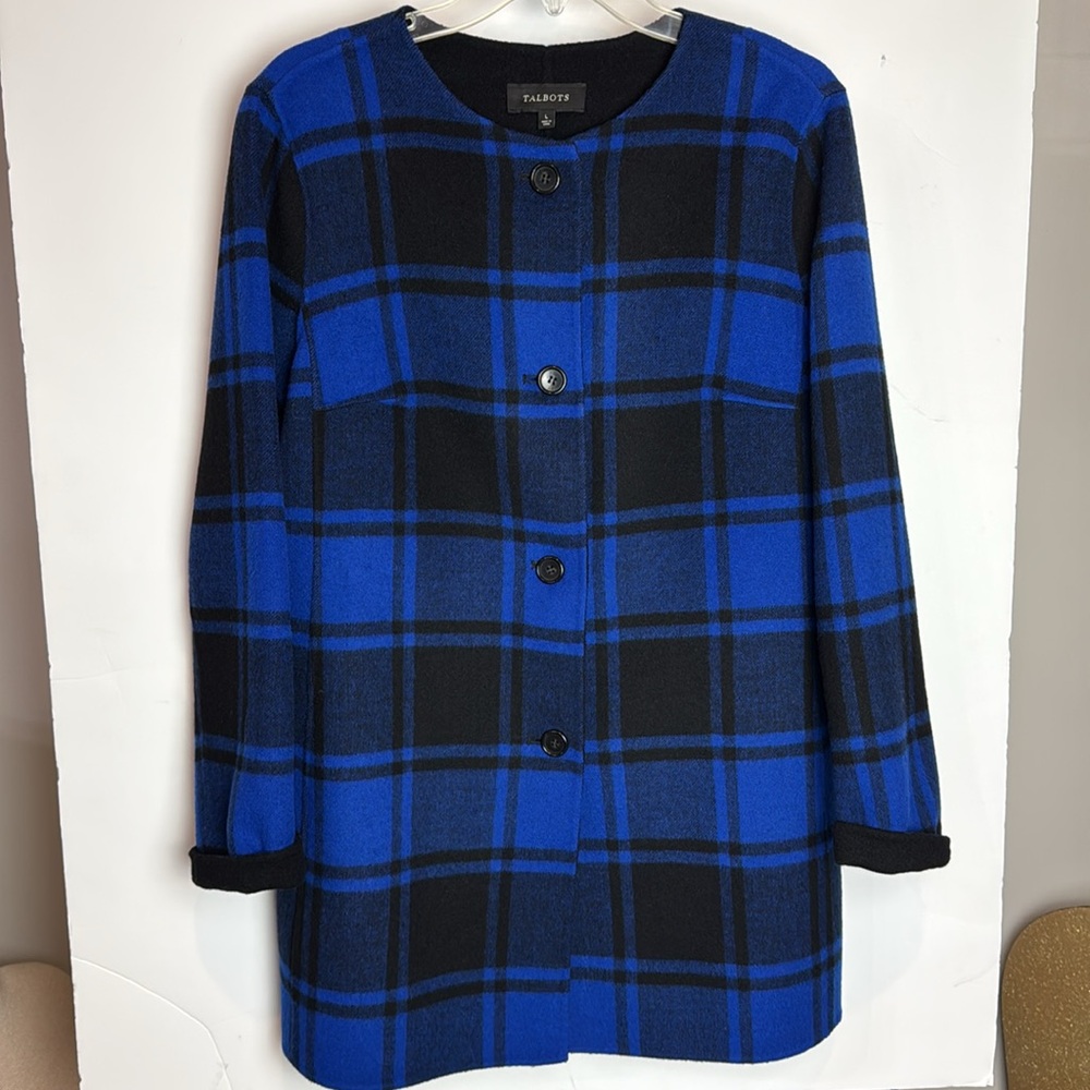 TALBOT Wool Blend Reversible Jacket/Blazer Blue Plaid & Black Sz L EC